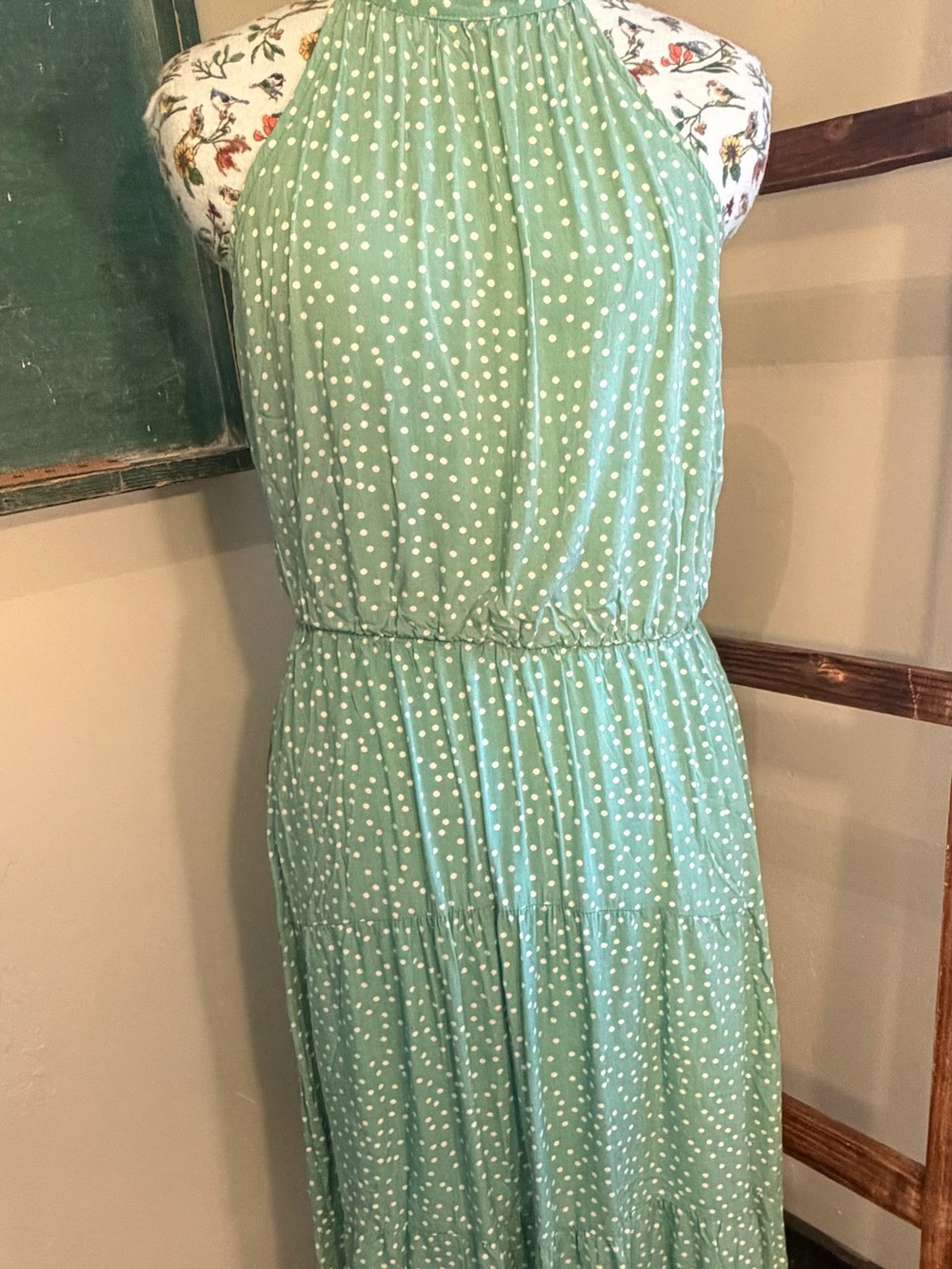 Mint Green Polka Dot Maxi Dress - Sleeveless Halter Style